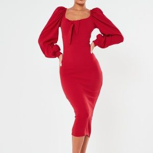 Red Ribbed Tie Front Balloon Sleeve Midaxi Dress